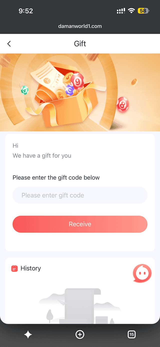 Daman Game Gift code redemption screen
